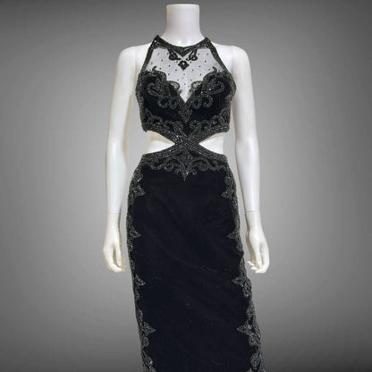 Vintage Y2k evening dress, Black velvet heavy beaded cutout gown