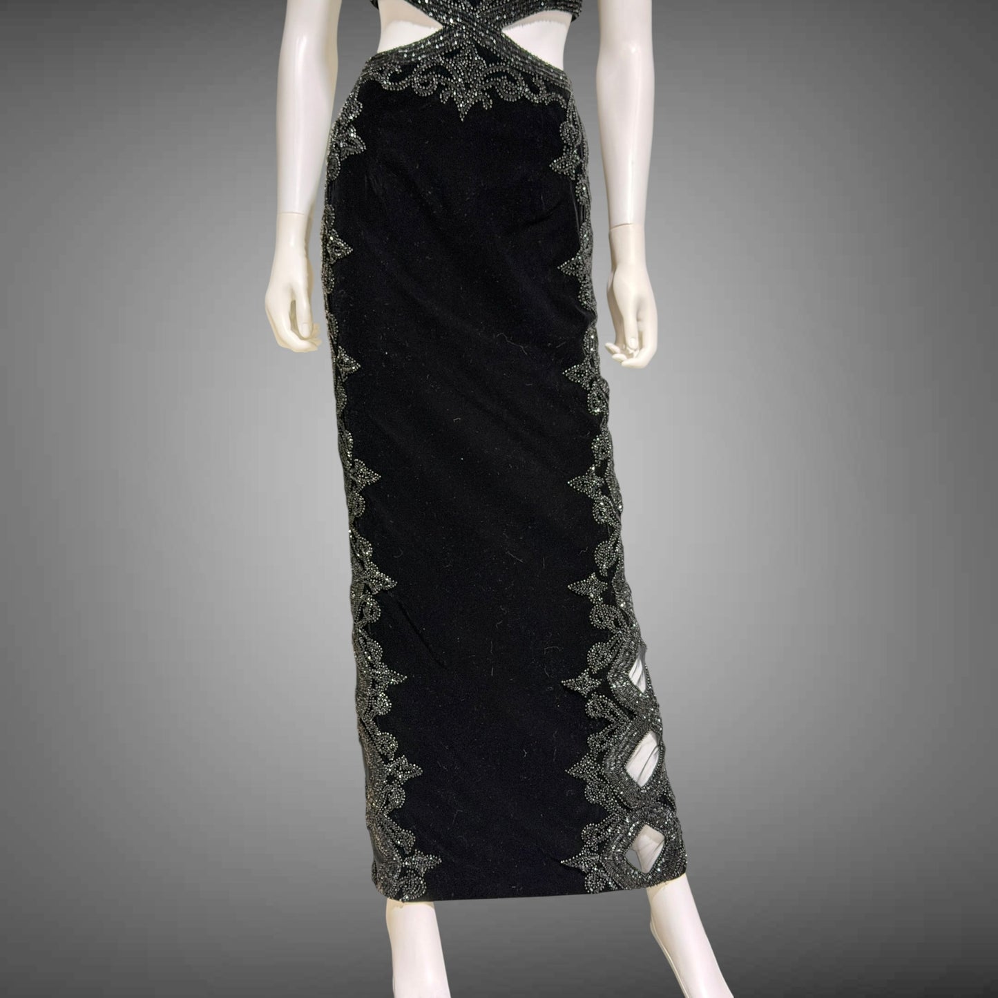 Vintage Y2k evening dress, Black velvet heavy beaded cutout gown
