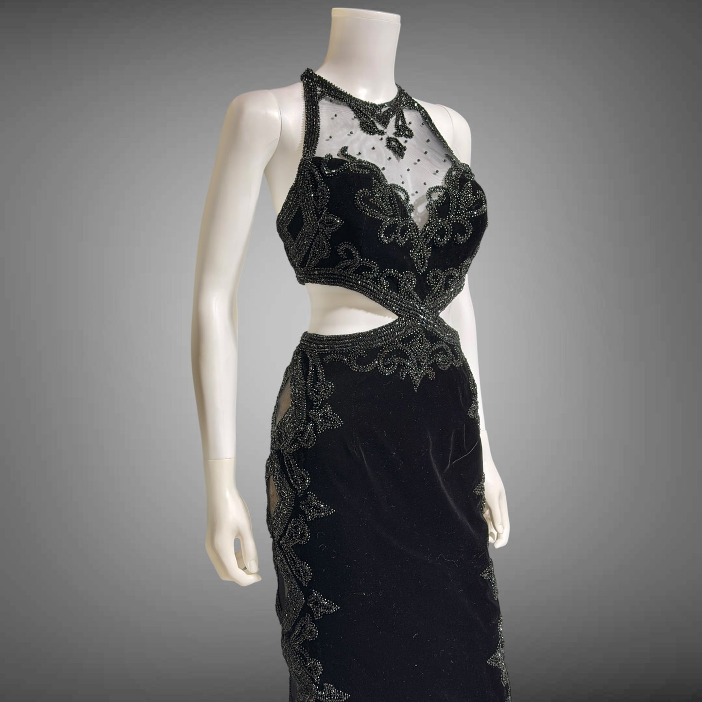 Vintage Y2k evening dress, Black velvet heavy beaded cutout gown
