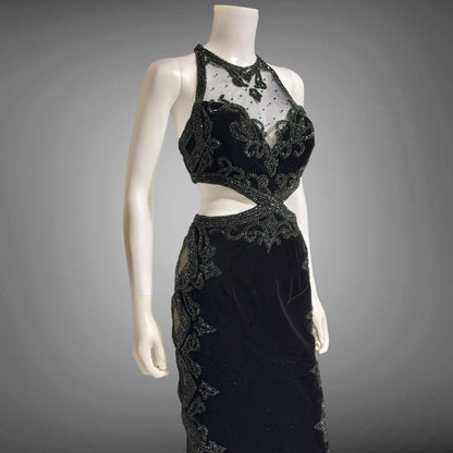 Vintage Y2k evening dress, Black velvet heavy beaded cutout gown