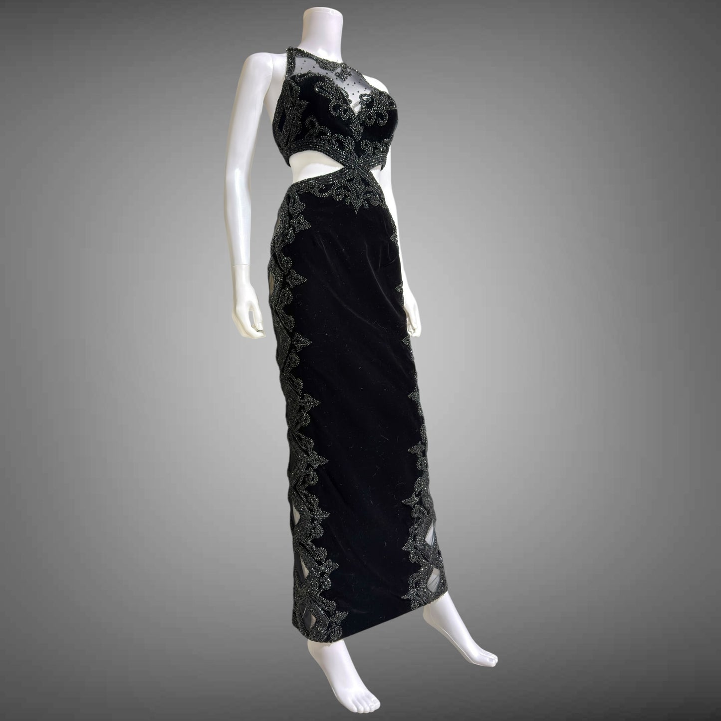 Vintage Y2k evening dress, Black velvet heavy beaded cutout gown
