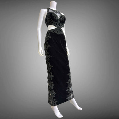 Vintage Y2k evening dress, Black velvet heavy beaded cutout gown