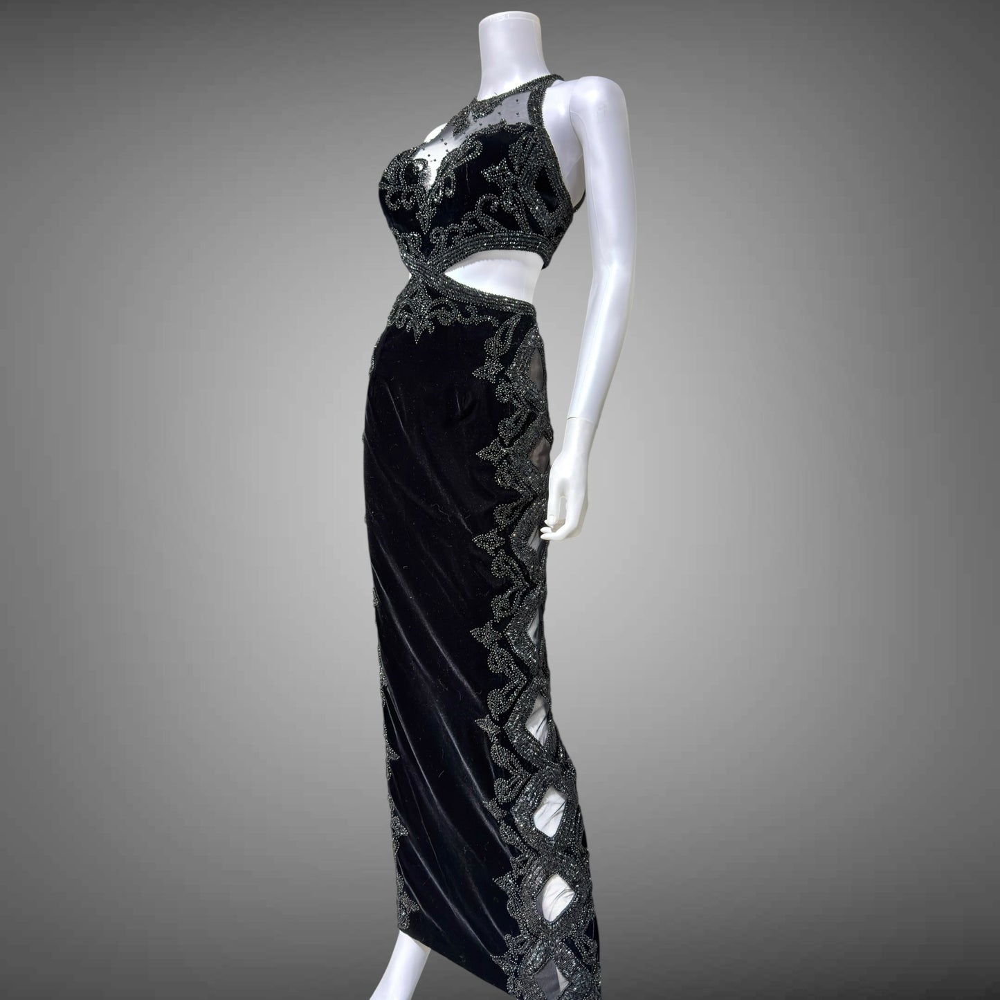 Vintage Y2k evening dress, Black velvet heavy beaded cutout gown