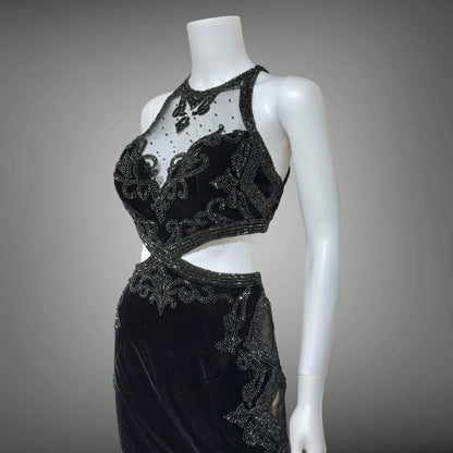 Vintage Y2k evening dress, Black velvet heavy beaded cutout gown