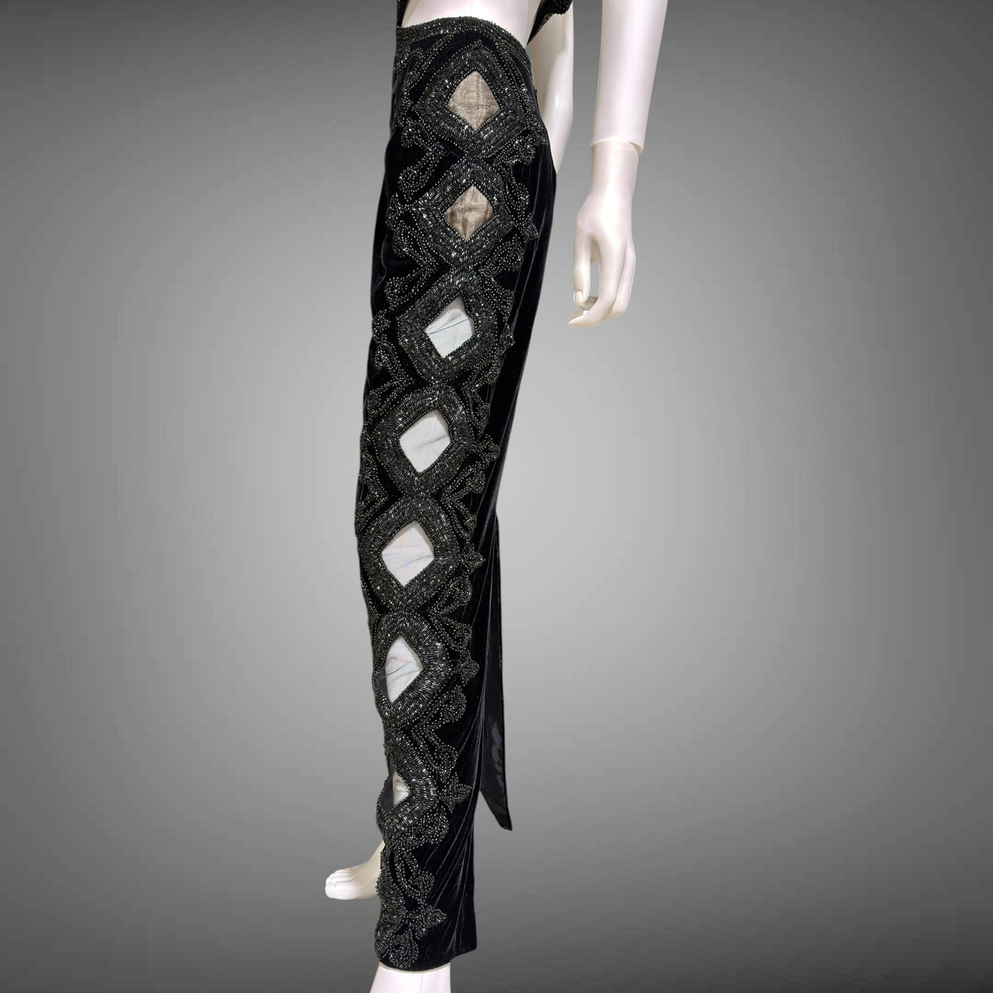 Vintage Y2k evening dress, Black velvet heavy beaded cutout gown