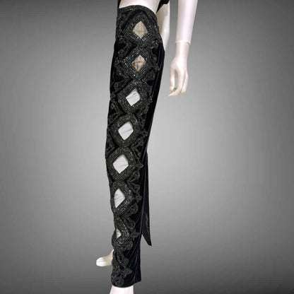 Vintage Y2k evening dress, Black velvet heavy beaded cutout gown