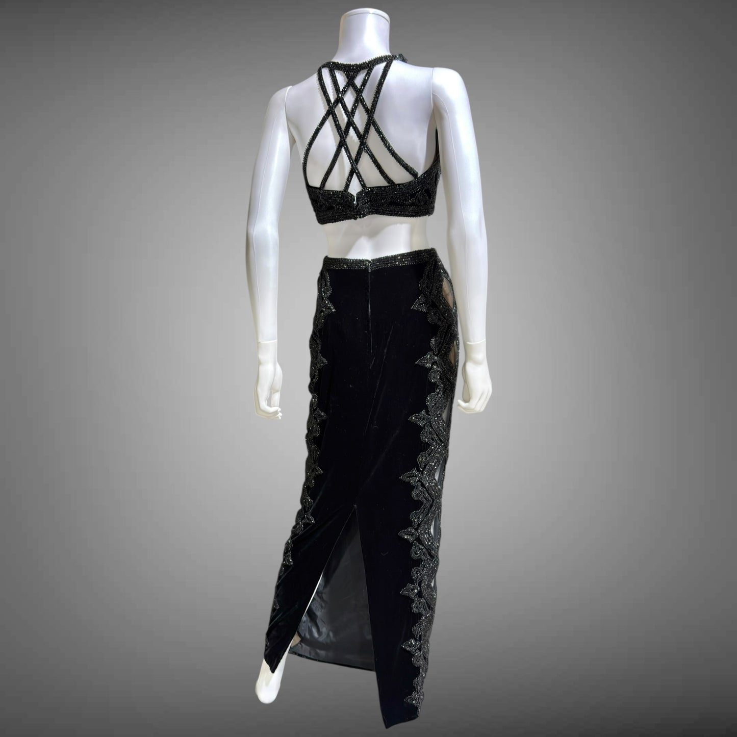 Vintage Y2k evening dress, Black velvet heavy beaded cutout gown