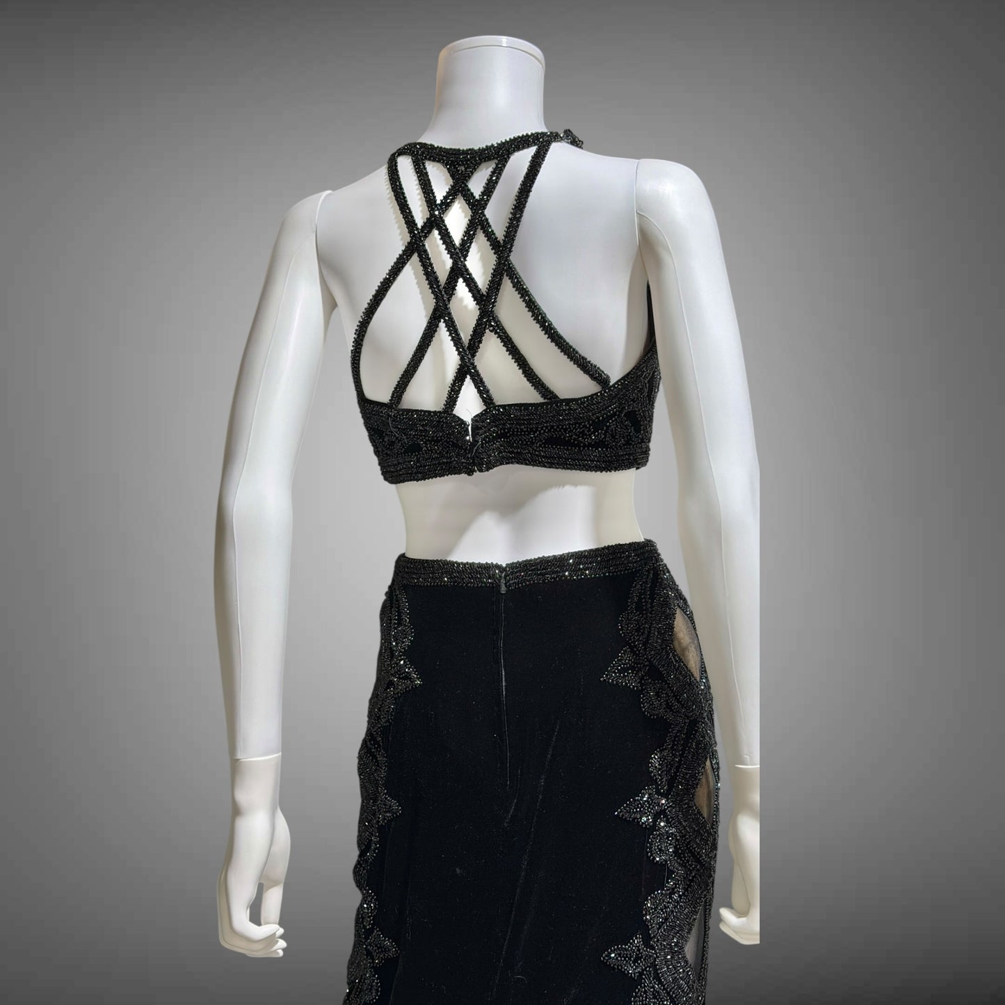 Vintage Y2k evening dress, Black velvet heavy beaded cutout gown