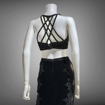 Vintage Y2k evening dress, Black velvet heavy beaded cutout gown