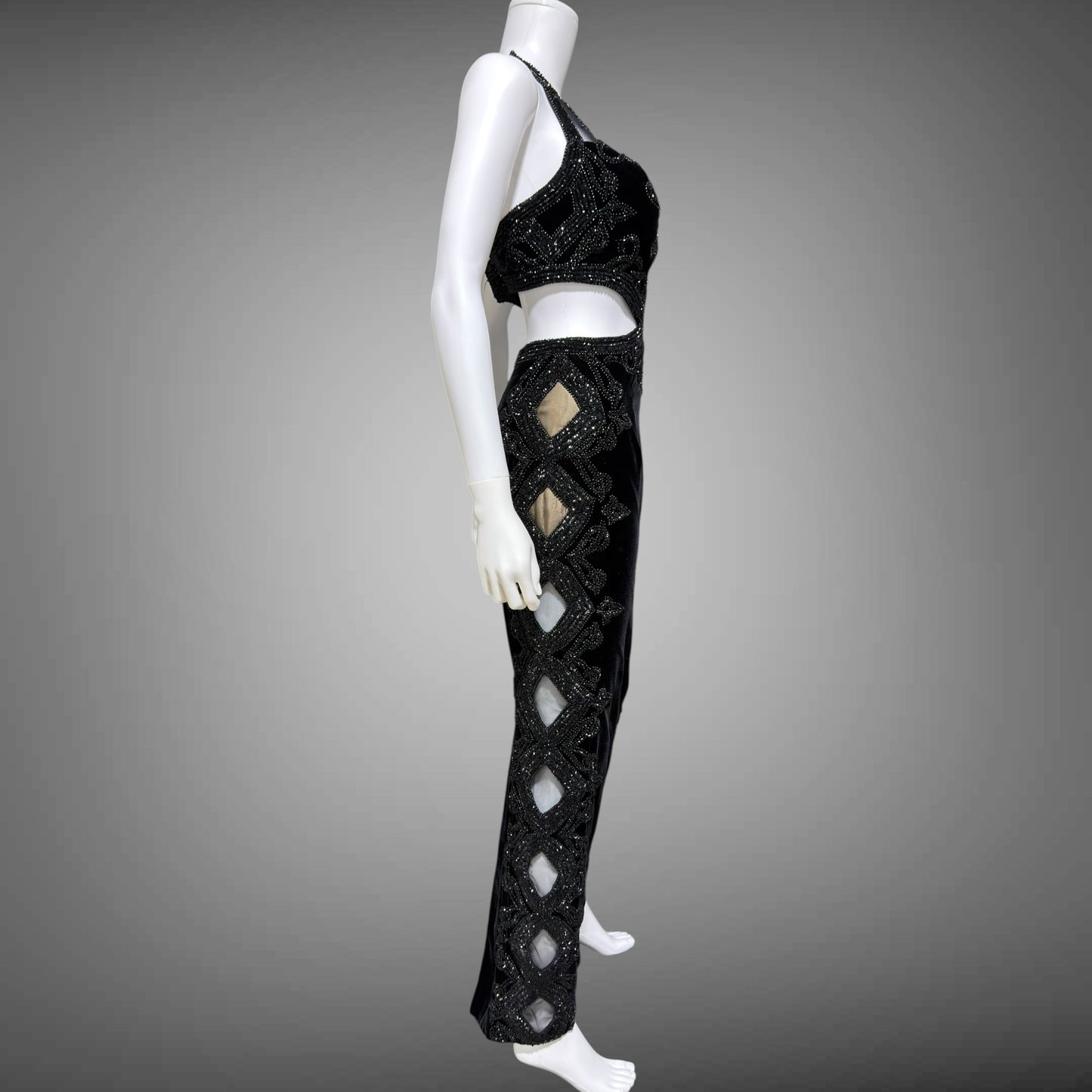 Vintage Y2k evening dress, Black velvet heavy beaded cutout gown