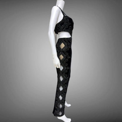 Vintage Y2k evening dress, Black velvet heavy beaded cutout gown