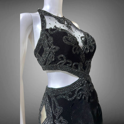 Vintage Y2k evening dress, Black velvet heavy beaded cutout gown