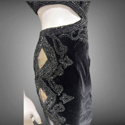 Vintage Y2k evening dress, Black velvet heavy beaded cutout gown
