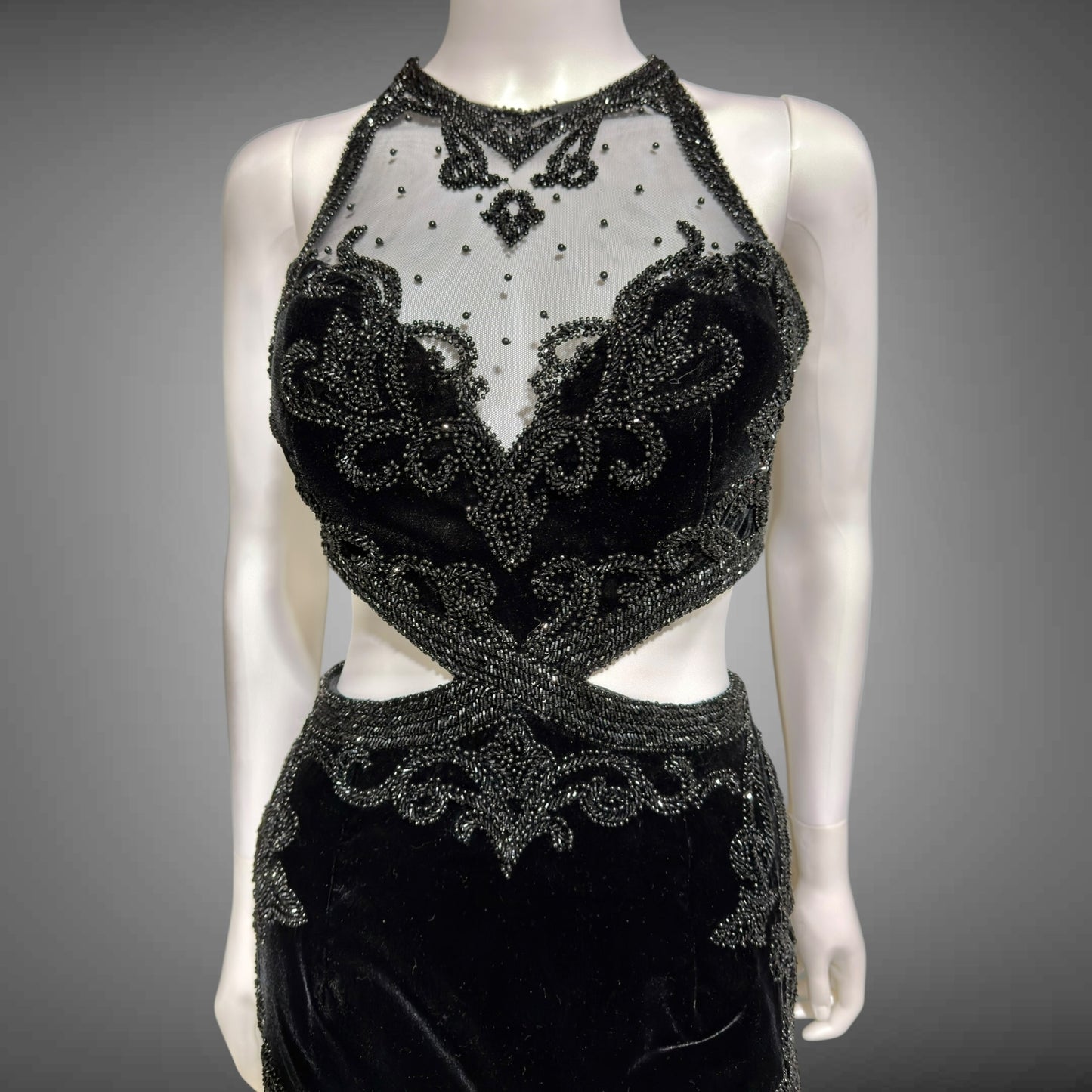 Vintage Y2k evening dress, Black velvet heavy beaded cutout gown