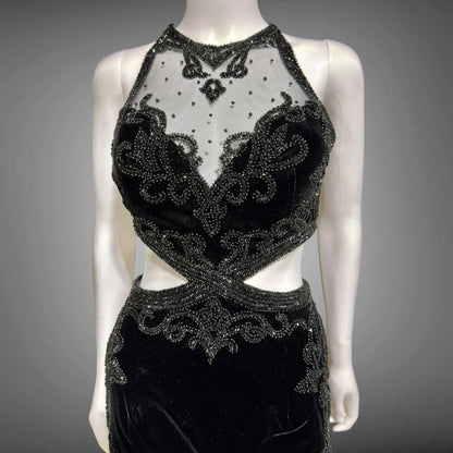 Vintage Y2k evening dress, Black velvet heavy beaded cutout gown
