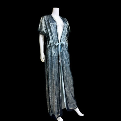 JUVENTA vintage 1930s dressing gown robe, sheer black lace with blue satin peignoir housecoat, Made in France