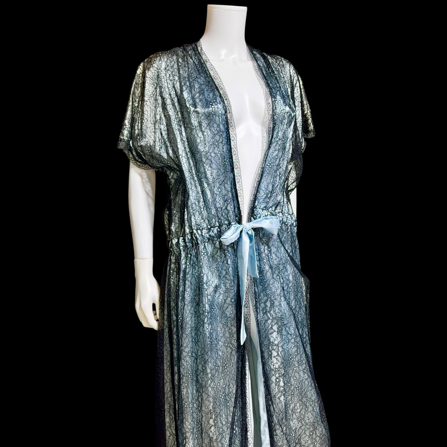 JUVENTA vintage 1930s dressing gown robe, sheer black lace with blue satin peignoir housecoat, Made in France