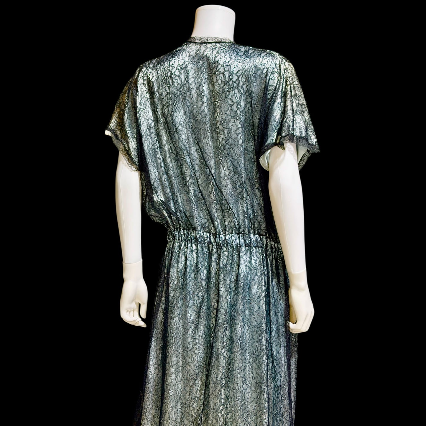 JUVENTA vintage 1930s dressing gown robe, sheer black lace with blue satin peignoir housecoat, Made in France