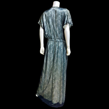 JUVENTA vintage 1930s dressing gown robe, sheer black lace with blue satin peignoir housecoat, Made in France