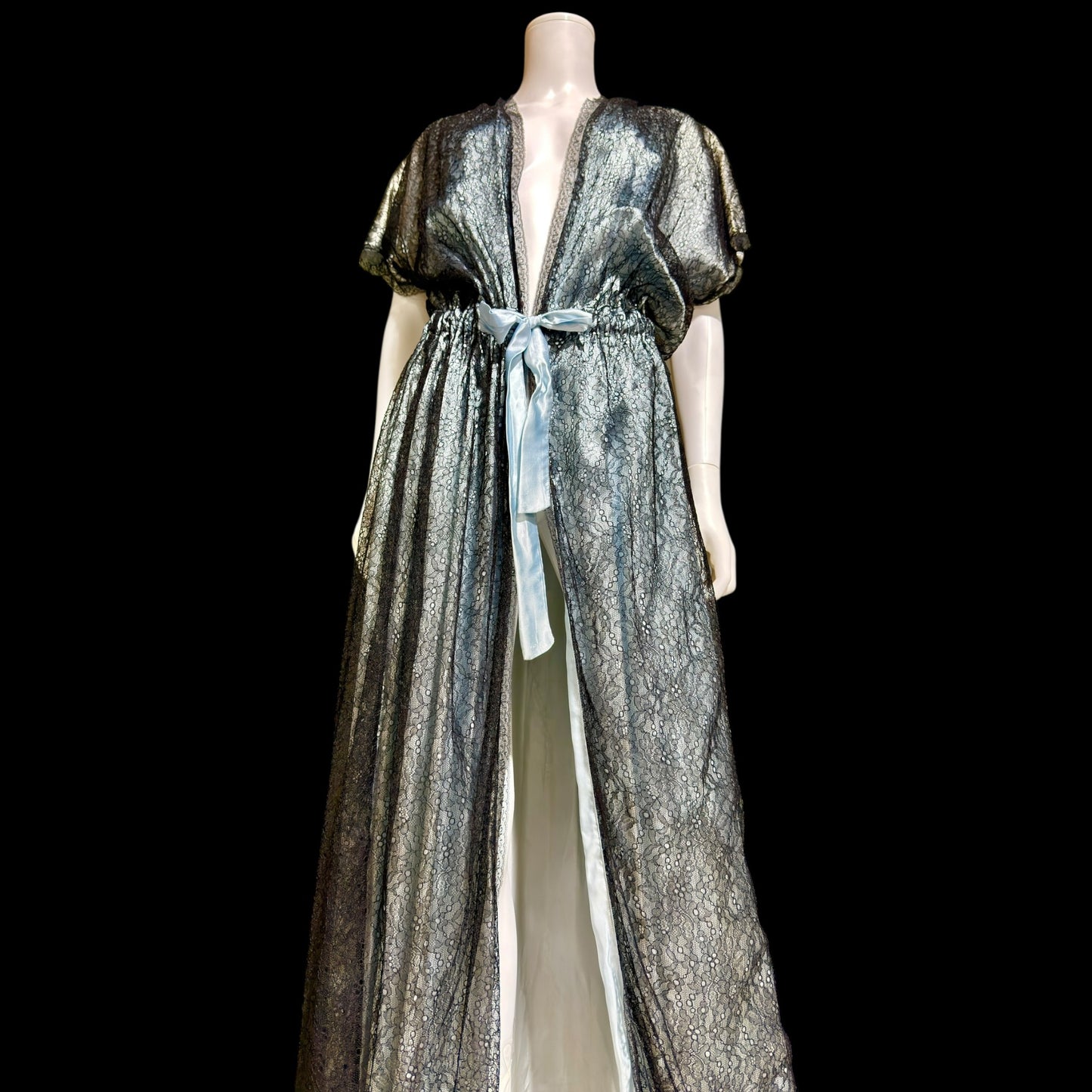 JUVENTA vintage 1930s dressing gown robe, sheer black lace with blue satin peignoir housecoat, Made in France