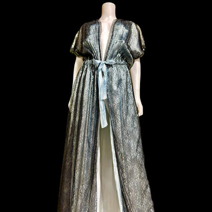 JUVENTA vintage 1930s dressing gown robe, sheer black lace with blue satin peignoir housecoat, Made in France