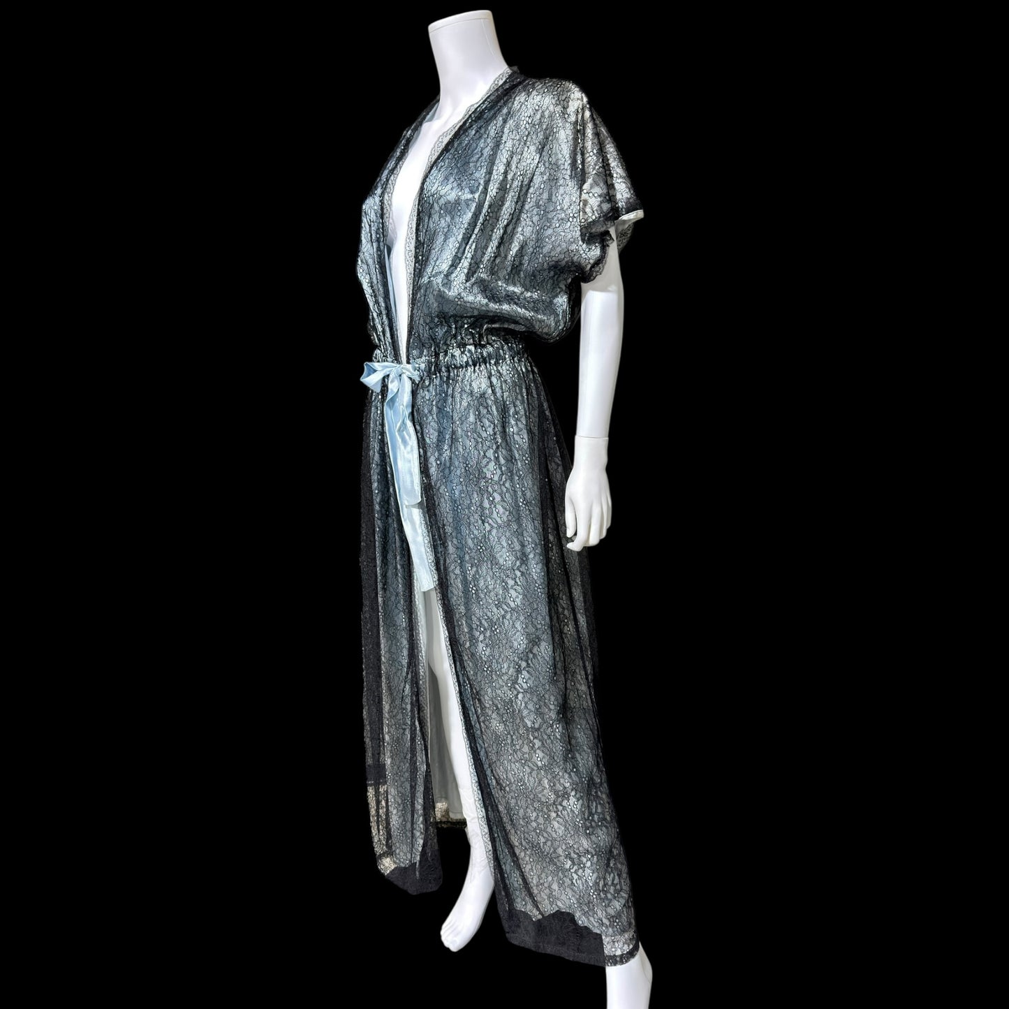 JUVENTA vintage 1930s dressing gown robe, sheer black lace with blue satin peignoir housecoat, Made in France