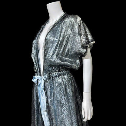 JUVENTA vintage 1930s dressing gown robe, sheer black lace with blue satin peignoir housecoat, Made in France