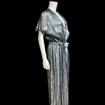 JUVENTA vintage 1930s dressing gown robe, sheer black lace with blue satin peignoir housecoat, Made in France