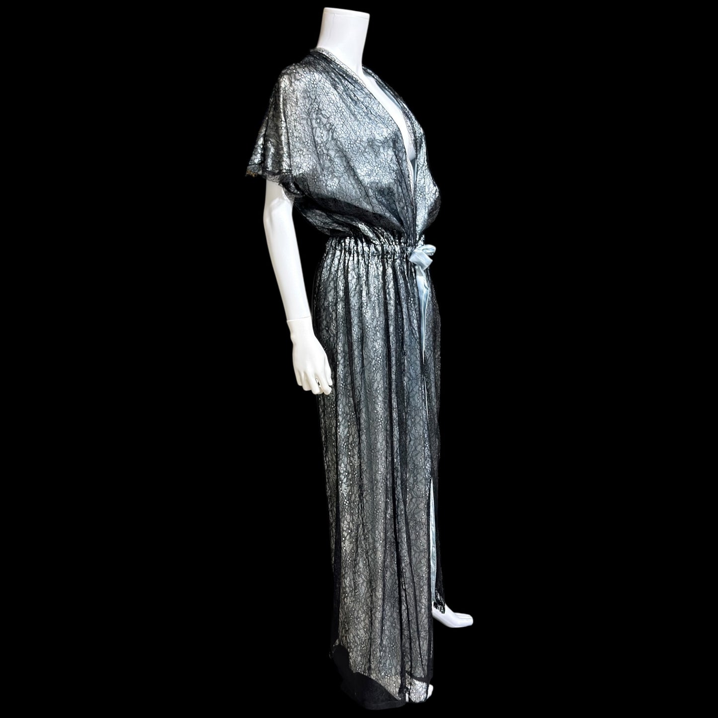 JUVENTA vintage 1930s dressing gown robe, sheer black lace with blue satin peignoir housecoat, Made in France