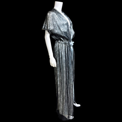 JUVENTA vintage 1930s dressing gown robe, sheer black lace with blue satin peignoir housecoat, Made in France