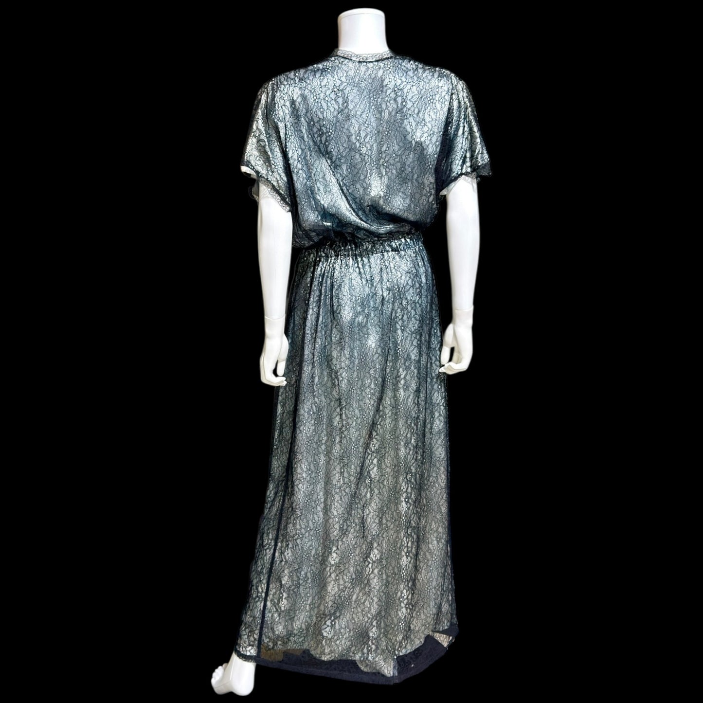 JUVENTA vintage 1930s dressing gown robe, sheer black lace with blue satin peignoir housecoat, Made in France