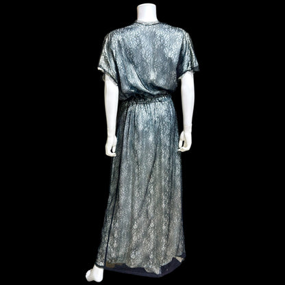 JUVENTA vintage 1930s dressing gown robe, sheer black lace with blue satin peignoir housecoat, Made in France