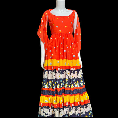 SHANNON ROGERS Jerry Silverman, vintage 1960s floral evening sundress, Border print w/ matching shawl