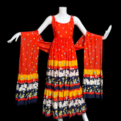 SHANNON ROGERS Jerry Silverman, vintage 1960s floral evening sundress, Border print w/ matching shawl