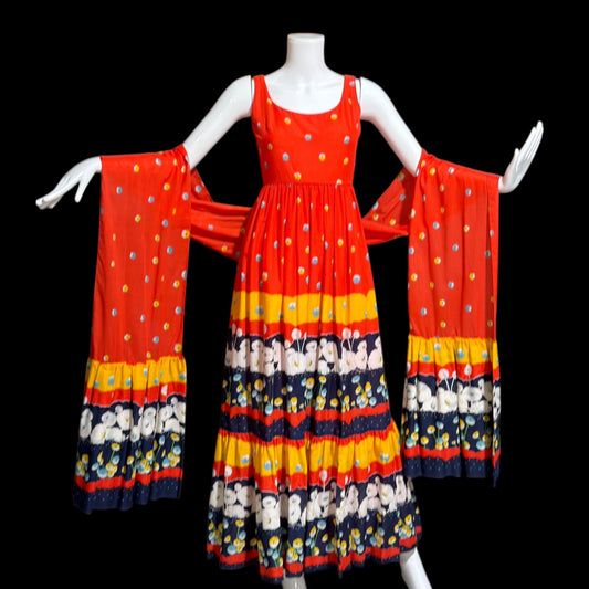 SHANNON ROGERS Jerry Silverman, vintage 1960s floral evening sundress, Border print w/ matching shawl