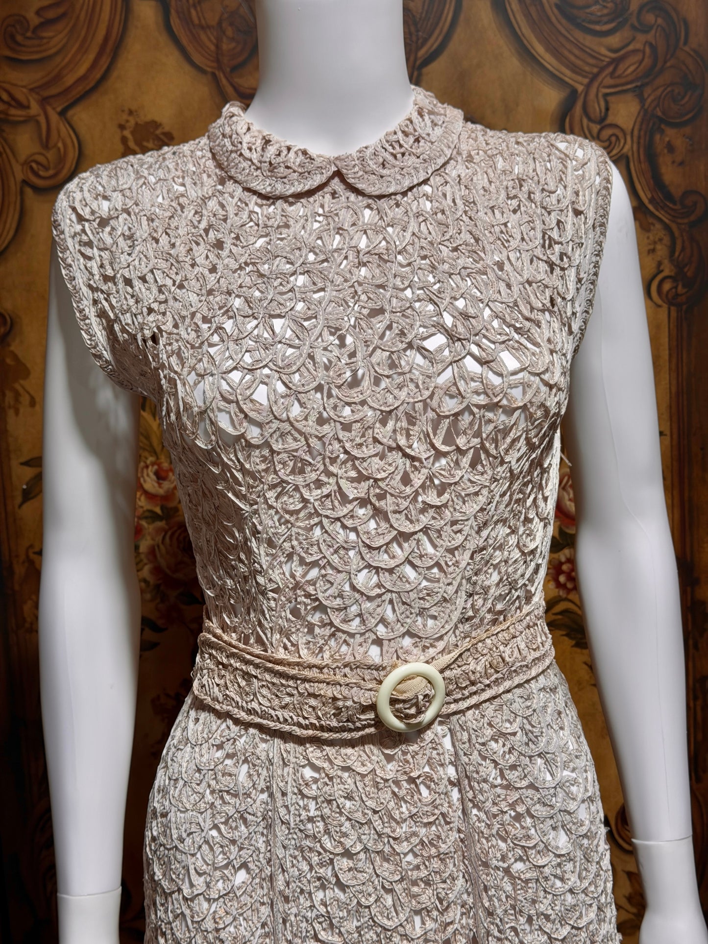 1930s vintage Tape Lace Dress, Dusty Mauve shirt day dress with peter pan collar