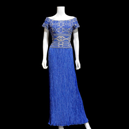 MARY MCFADDEN COUTURE vintage evening dress gown, 1980s royal blue beaded plisse gown