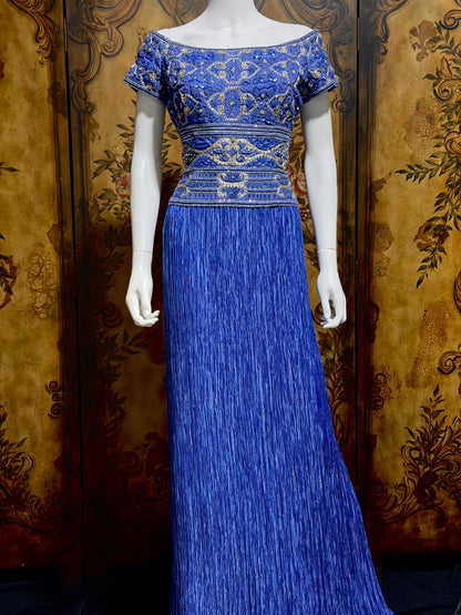 MARY MCFADDEN COUTURE vintage evening dress gown, 1980s royal blue beaded plisse gown