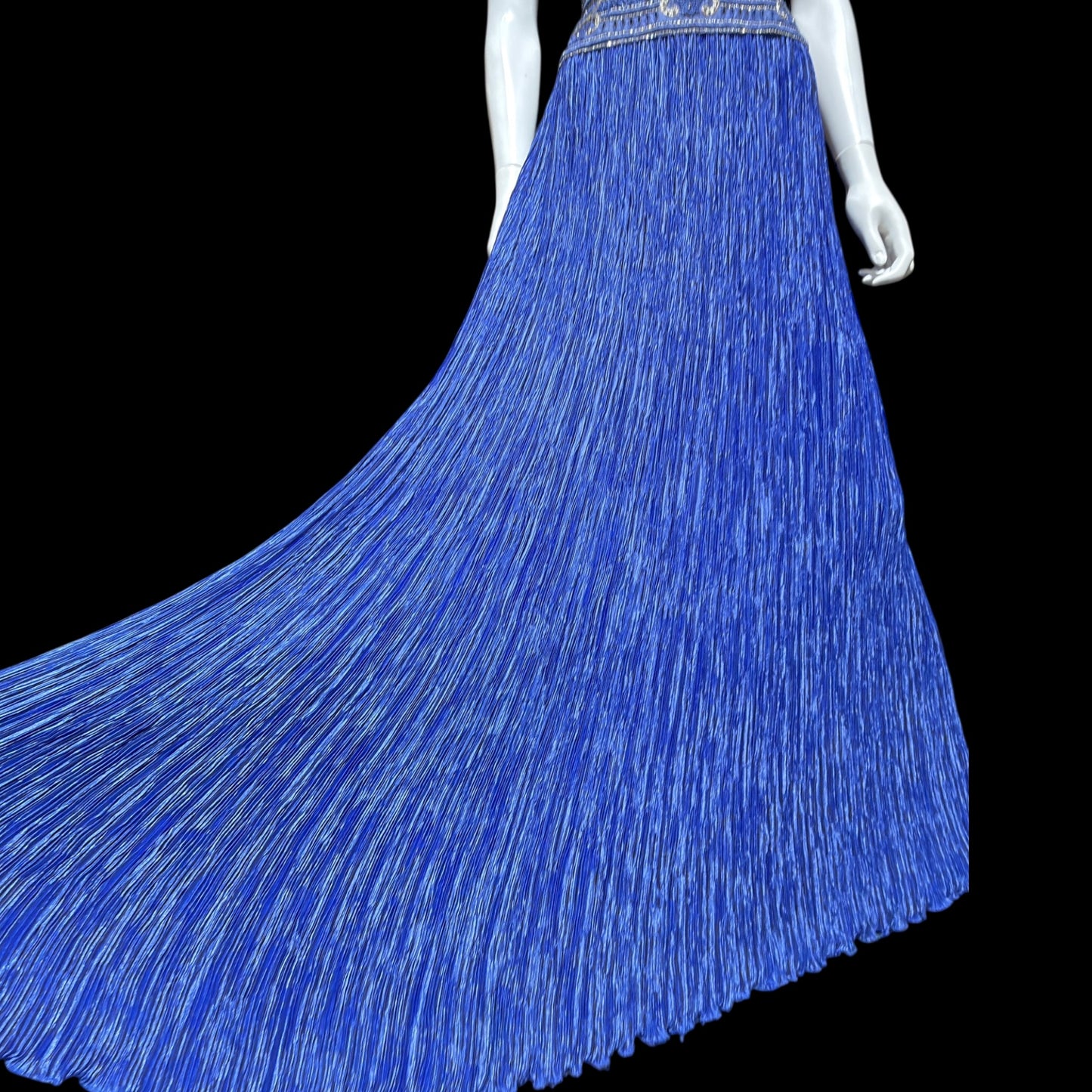 MARY MCFADDEN COUTURE vintage evening dress gown, 1980s royal blue beaded plisse gown
