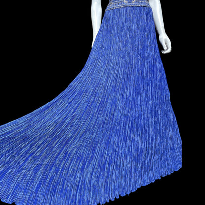 MARY MCFADDEN COUTURE vintage evening dress gown, 1980s royal blue beaded plisse gown