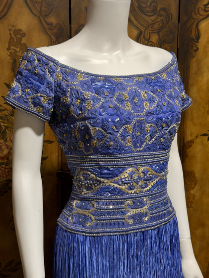 MARY MCFADDEN COUTURE vintage evening dress gown, 1980s royal blue beaded plisse gown