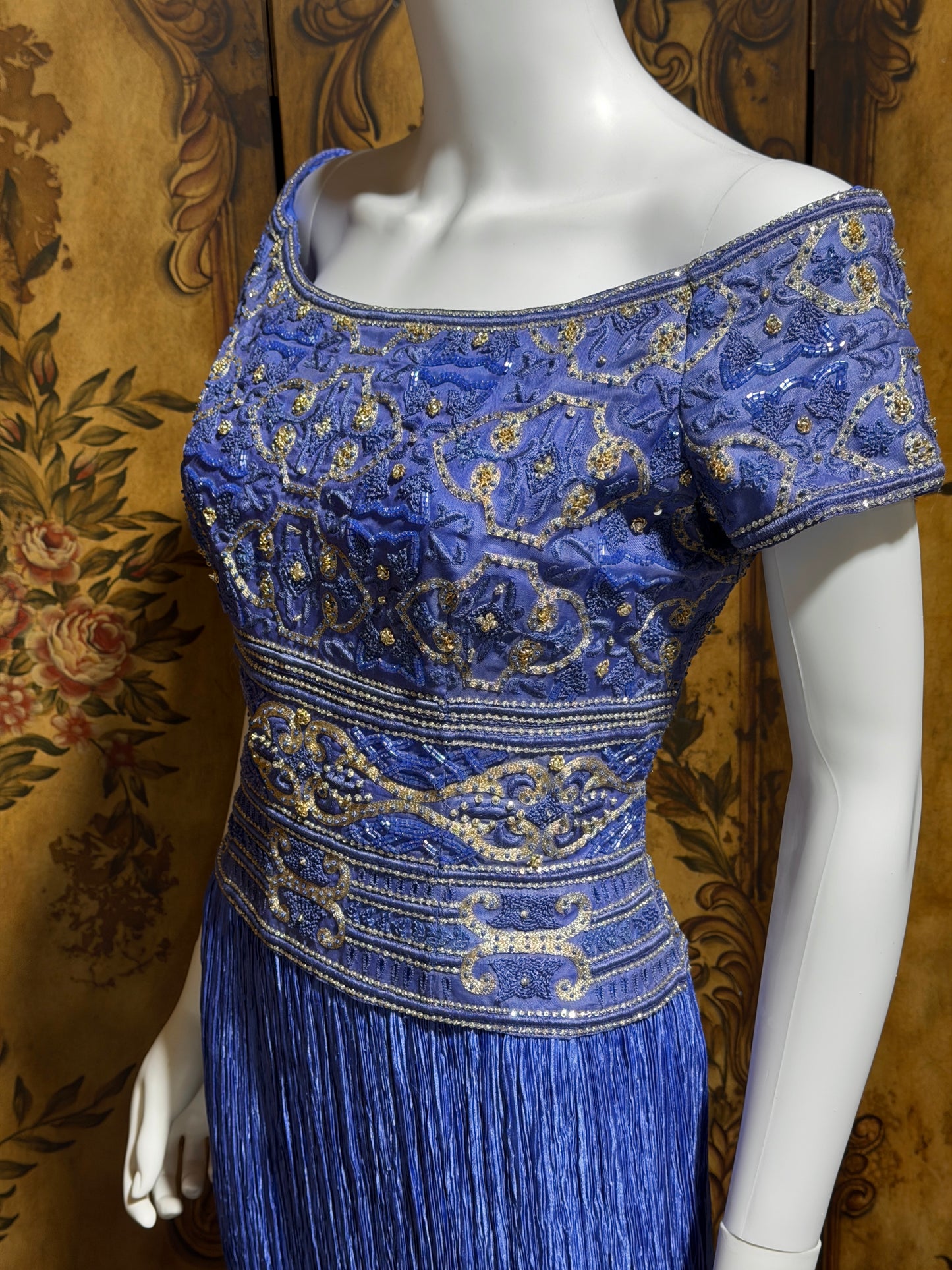 MARY MCFADDEN COUTURE vintage evening dress gown, 1980s royal blue beaded plisse gown