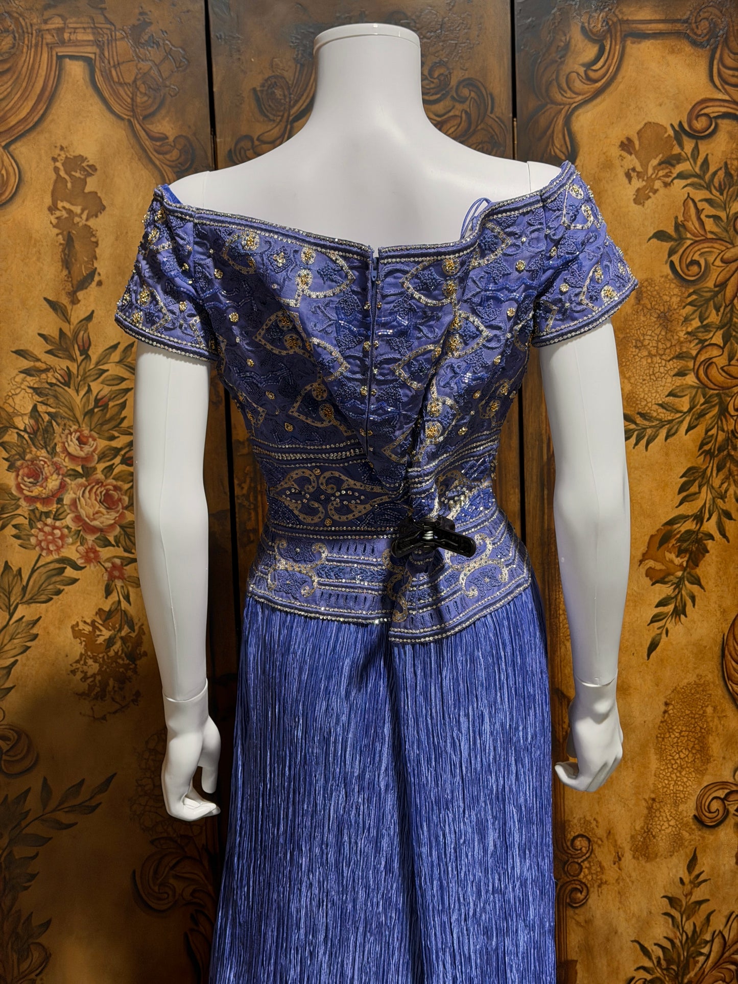 MARY MCFADDEN COUTURE vintage evening dress gown, 1980s royal blue beaded plisse gown