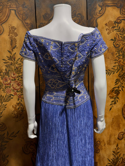 MARY MCFADDEN COUTURE vintage evening dress gown, 1980s royal blue beaded plisse gown