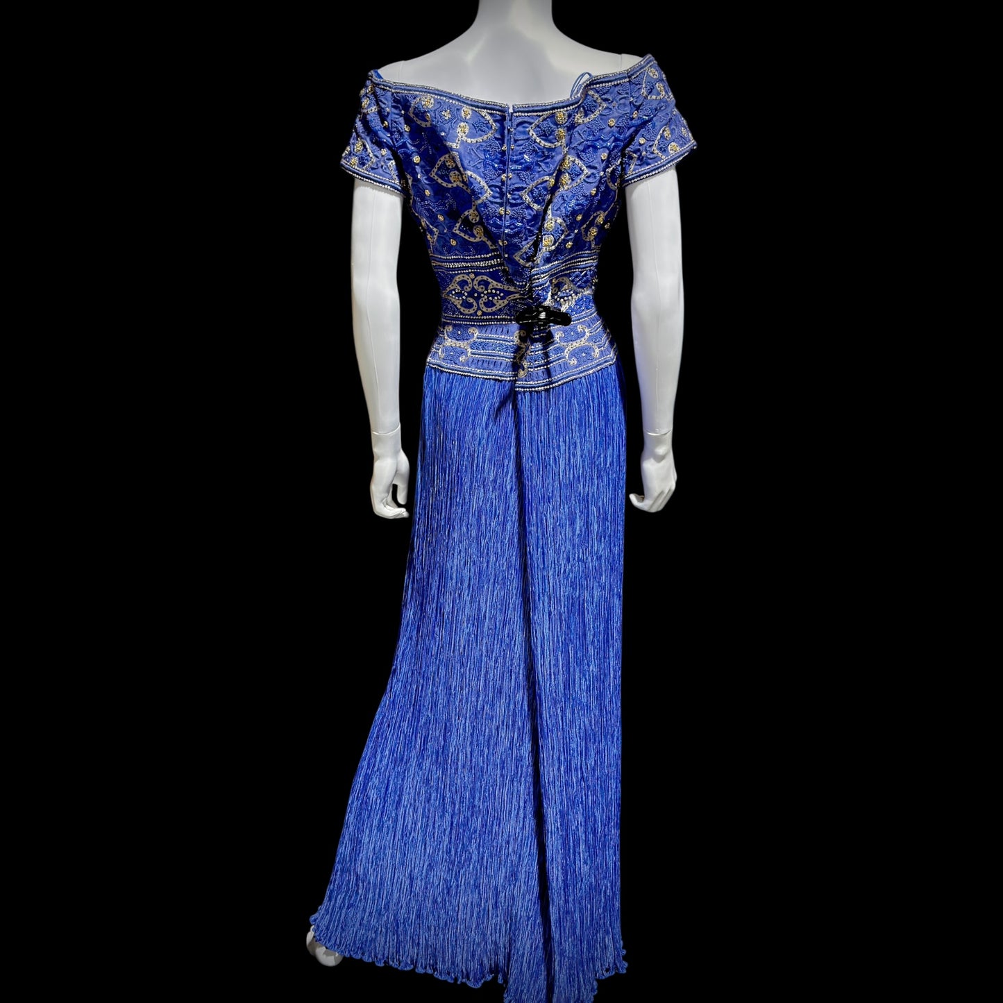 MARY MCFADDEN COUTURE vintage evening dress gown, 1980s royal blue beaded plisse gown
