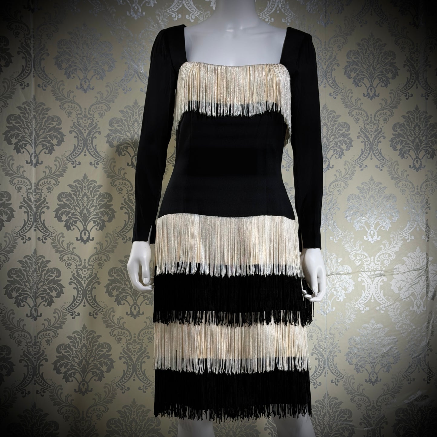 TRAVILLA vintage evening cocktail dress, 1960s black white fringed mod party dress