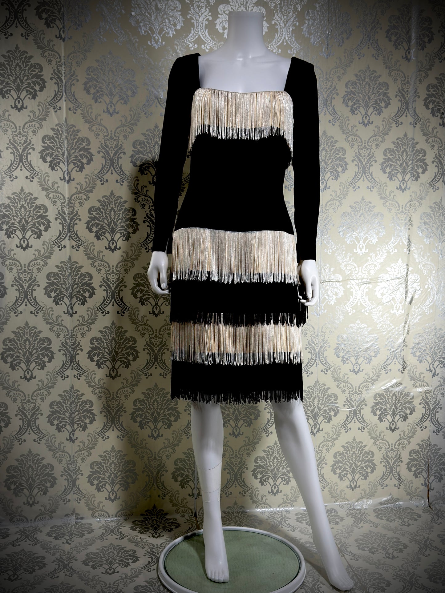 TRAVILLA vintage evening cocktail dress, 1960s black white fringed mod party dress