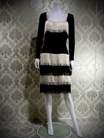TRAVILLA vintage evening cocktail dress, 1960s black white fringed mod party dress