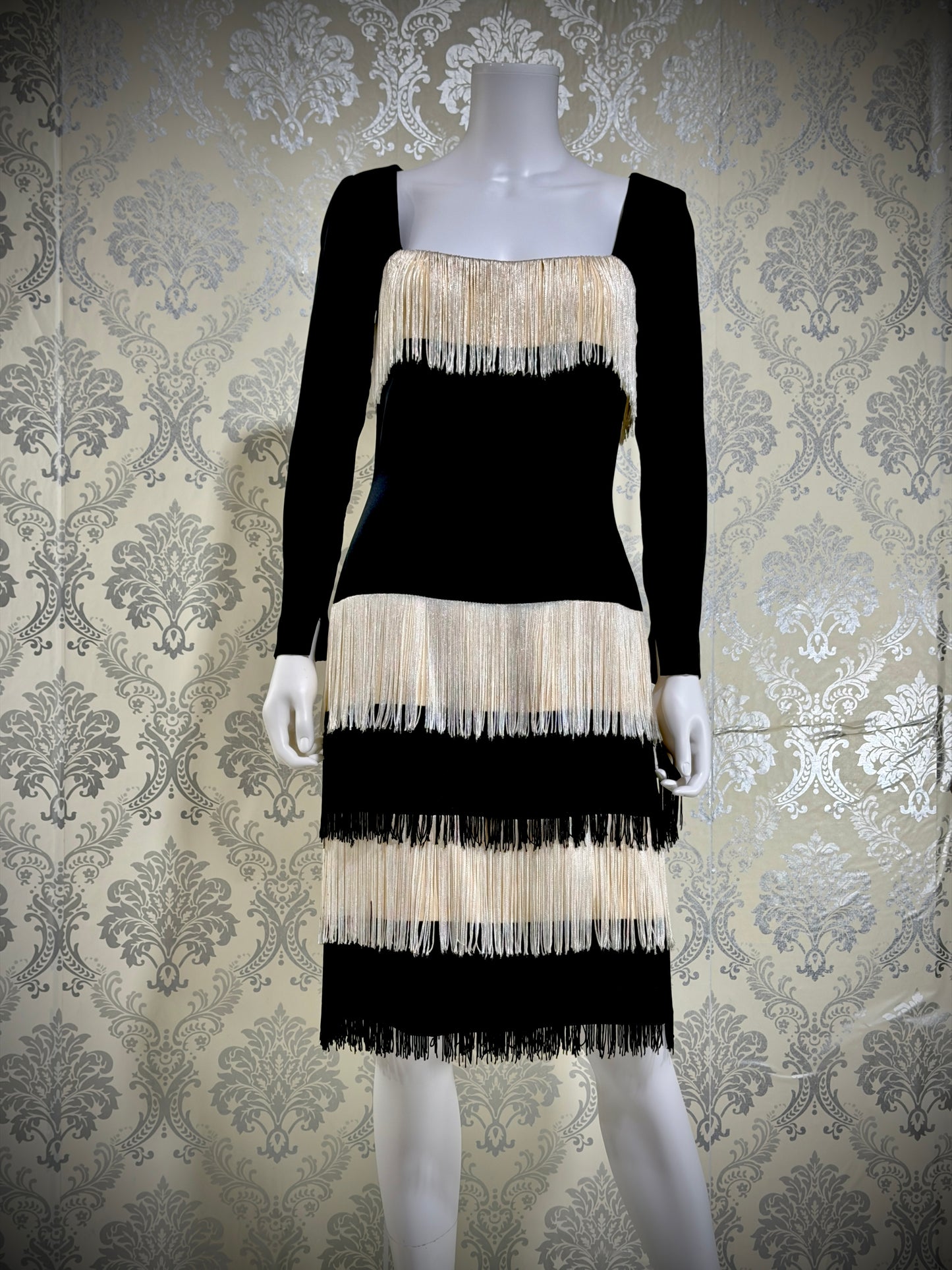 TRAVILLA vintage evening cocktail dress, 1960s black white fringed mod party dress