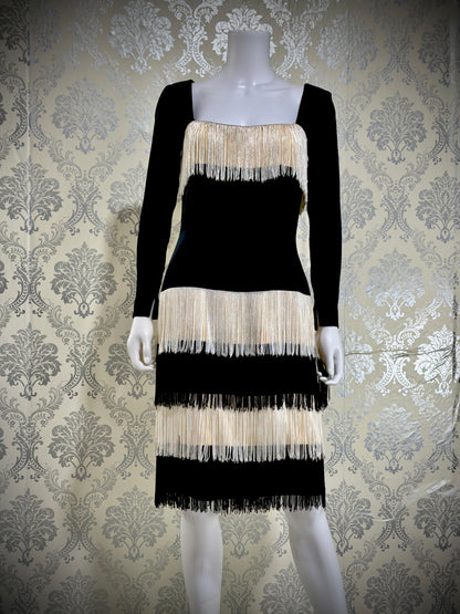 TRAVILLA vintage evening cocktail dress, 1960s black white fringed mod party dress